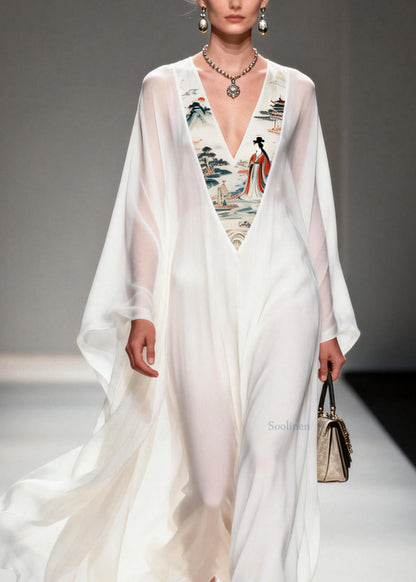 White V Neck Print Patchwork Chiffon Dresses Spring