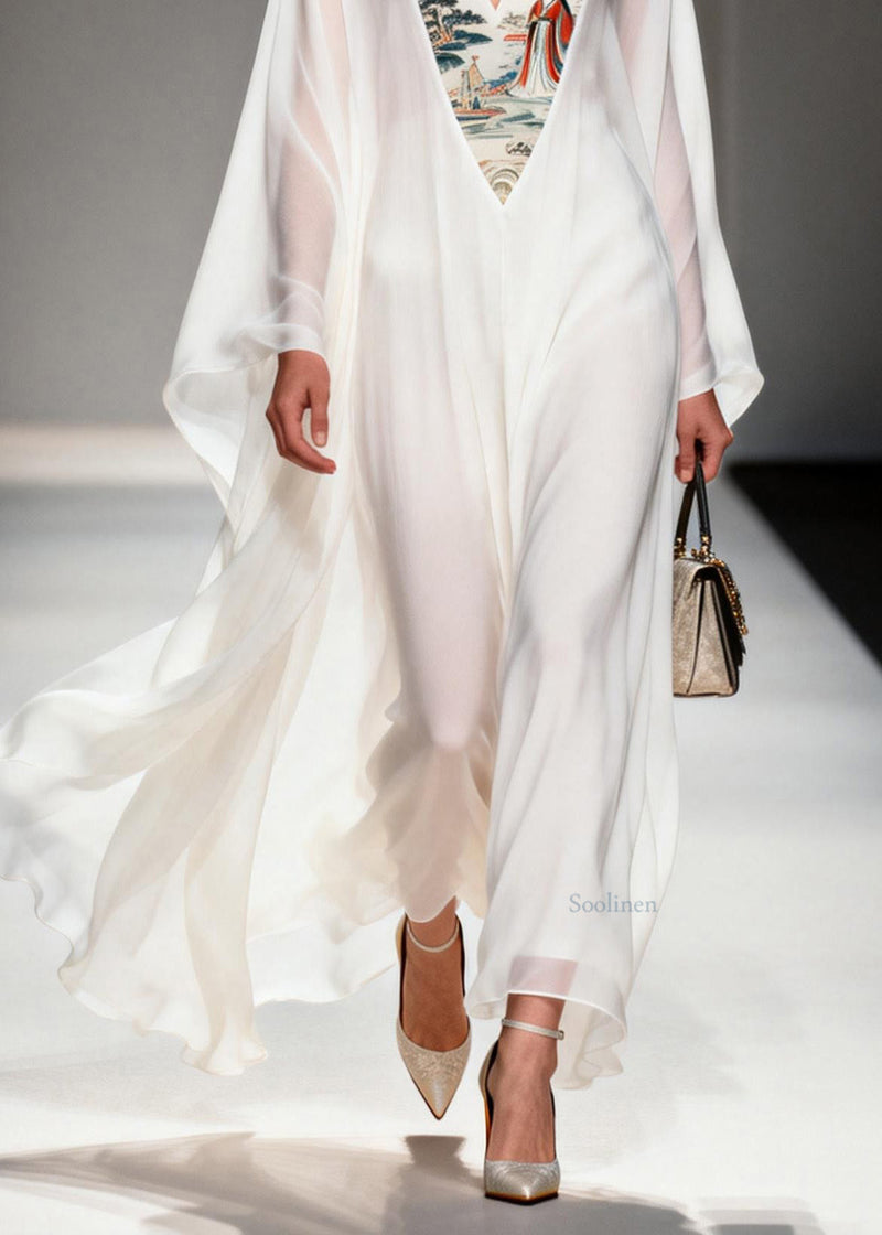 White V Neck Print Patchwork Chiffon Dresses Spring