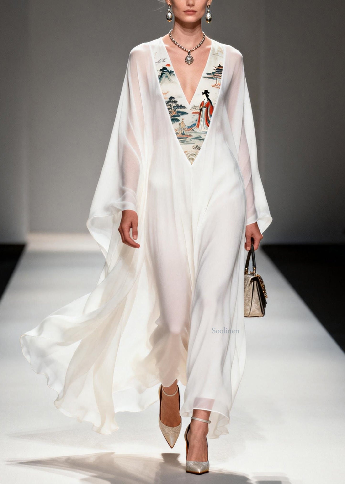 White V Neck Print Patchwork Chiffon Dresses Spring