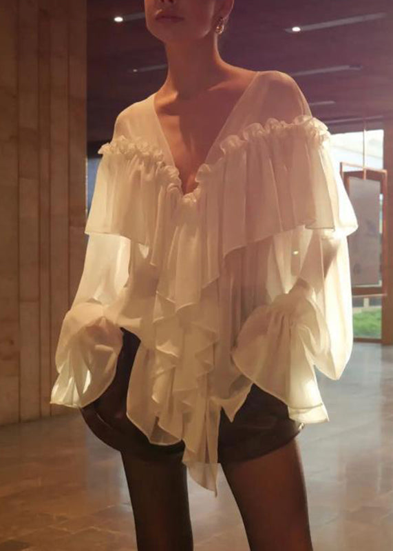 White V Neck Ruffled Patchwork Chiffon Shirt Flare Sleeve