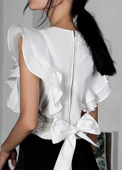 White V Neck Ruffleszippered Summer Top