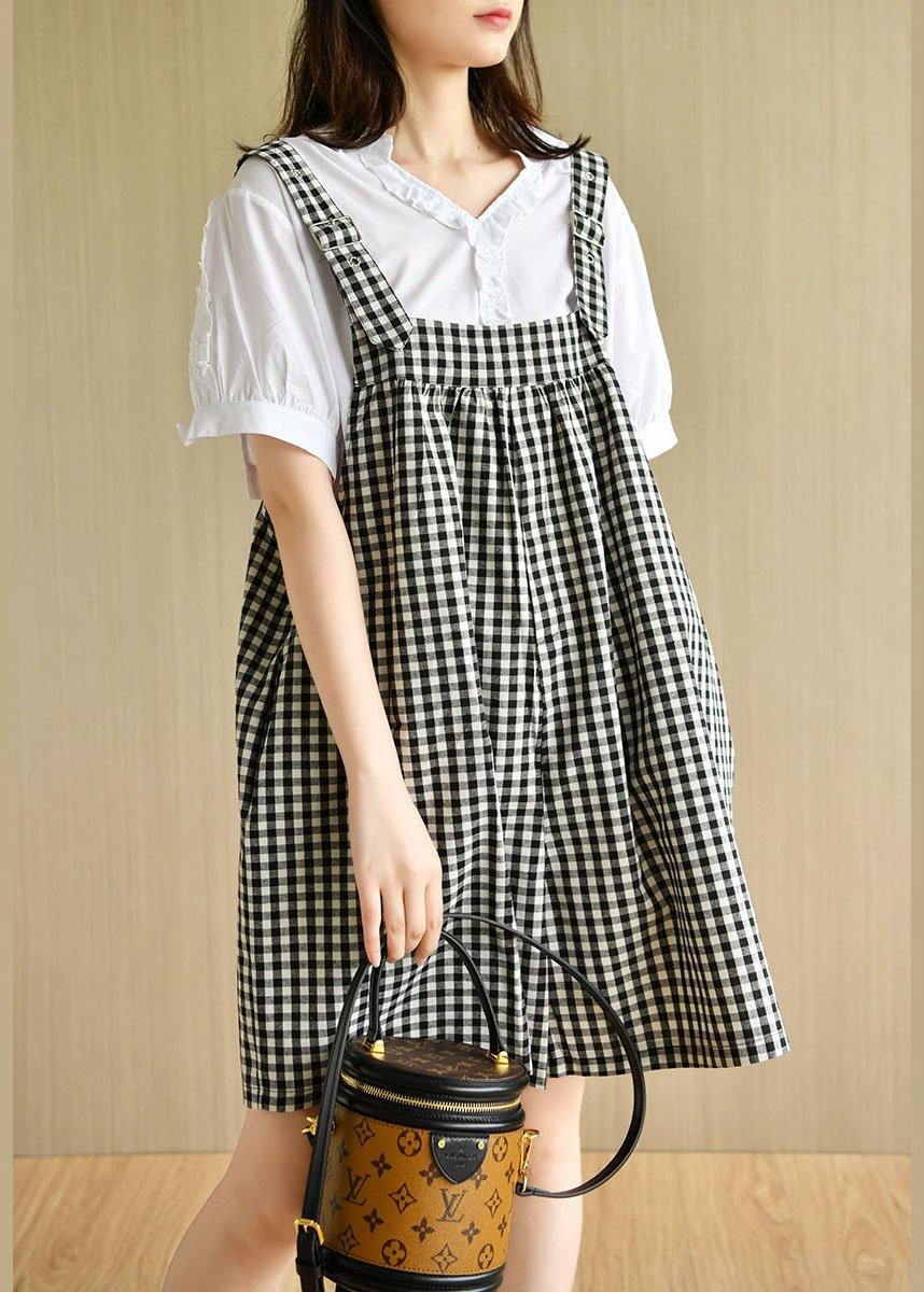 White V Neck Short Sleeve Plaid Carpenter Pants Summer Cotton Two Piece Suit Set