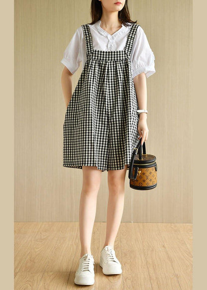 White V Neck Short Sleeve Plaid Carpenter Pants Summer Cotton Two Piece Suit Set