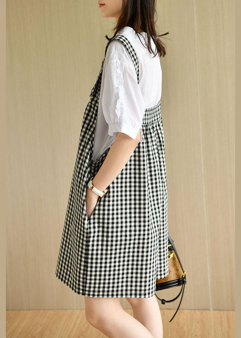 White V Neck Short Sleeve Plaid Carpenter Pants Summer Cotton Two Piece Suit Set