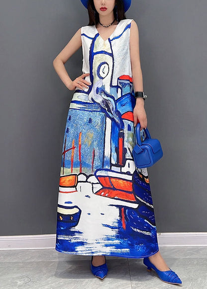 White V Neck Tie Dye Chiffon Beach Dresses Summer