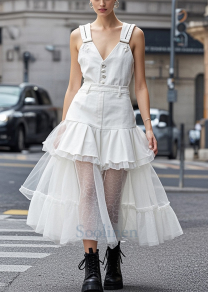 White V Neck Tulle Patchwork Denim Dress Summer