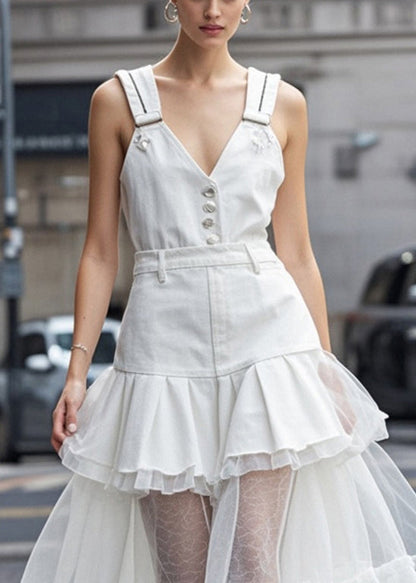 White V Neck Tulle Patchwork Denim Dress Summer