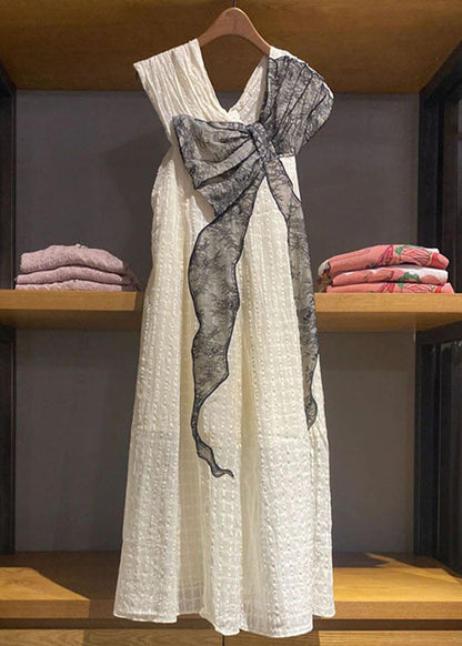 White V Neck Wrinkled Lace Patchwork Cotton Dress Sleeveless