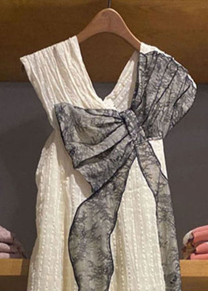 White V Neck Wrinkled Lace Patchwork Cotton Dress Sleeveless