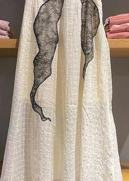 White V Neck Wrinkled Lace Patchwork Cotton Dress Sleeveless