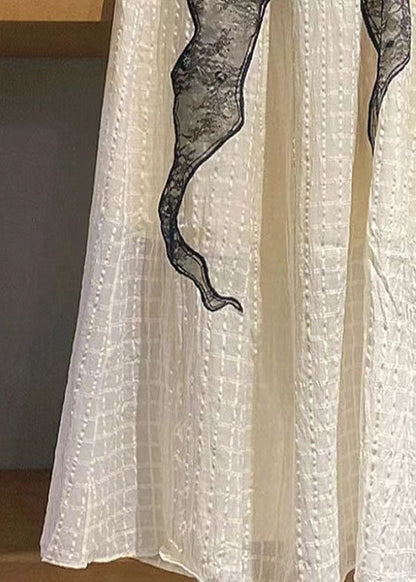 White V Neck Wrinkled Lace Patchwork Cotton Dress Sleeveless