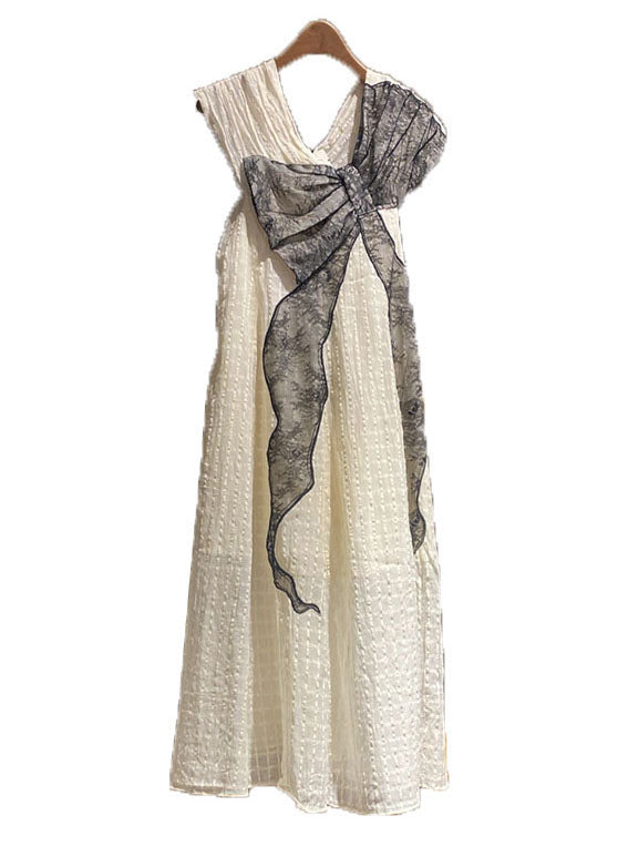 White V Neck Wrinkled Lace Patchwork Cotton Dress Sleeveless
