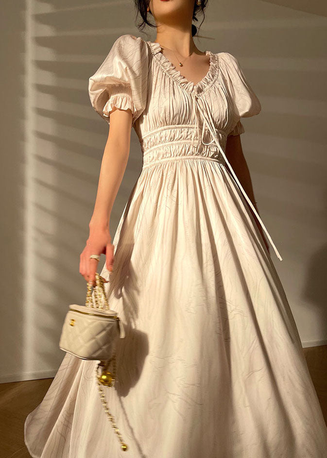 White V Neck Wrinkled Print Silk Maxi Dresses Summer