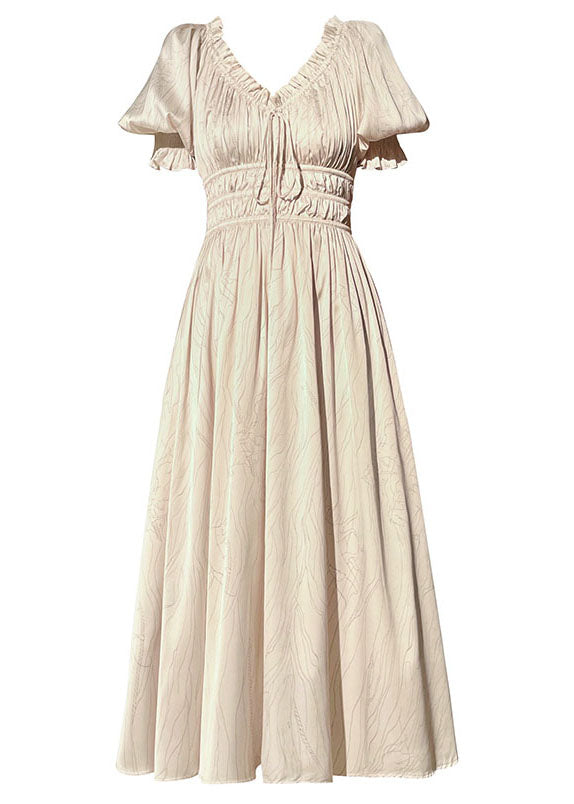White V Neck Wrinkled Print Silk Maxi Dresses Summer