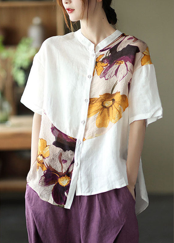 White Asymmetrical Design Print Loose Fall Shirt Half Sleeve