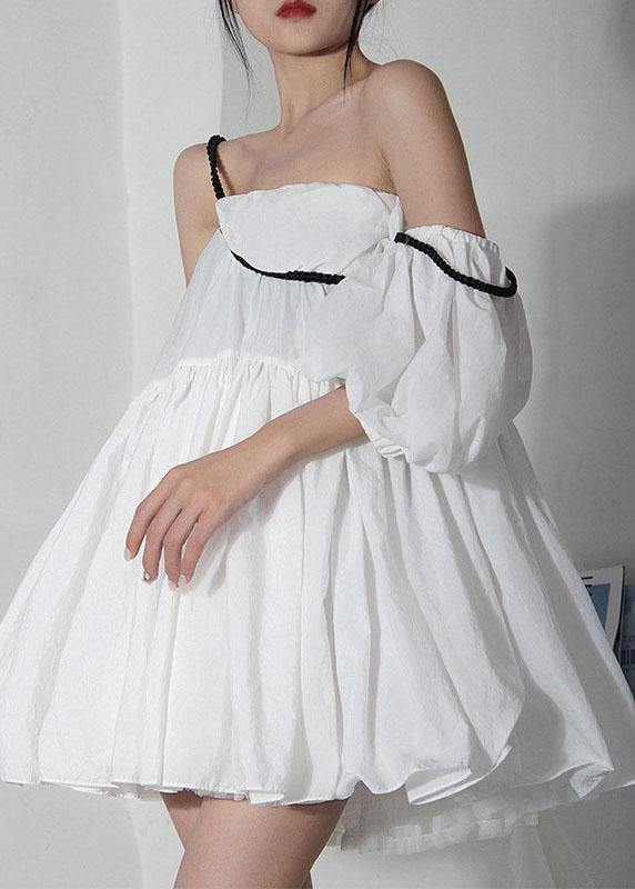 White Asymmetrical Design Puff Sleeve Cold Shoulder Cotton Spaghetti Strap Dress