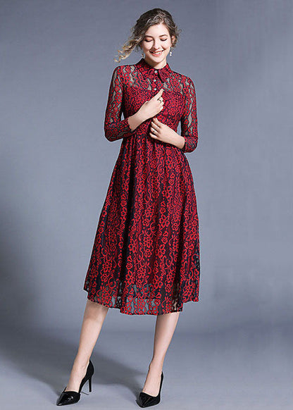 Wine Red Peter Pan Collar Hollow Out Lace Dresses Summer