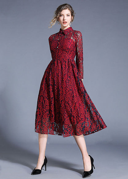 Wine Red Peter Pan Collar Hollow Out Lace Dresses Summer