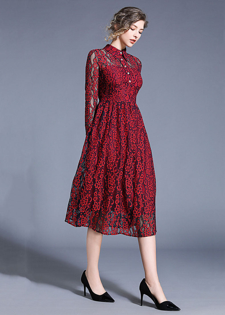 Wine Red Peter Pan Collar Hollow Out Lace Dresses Summer