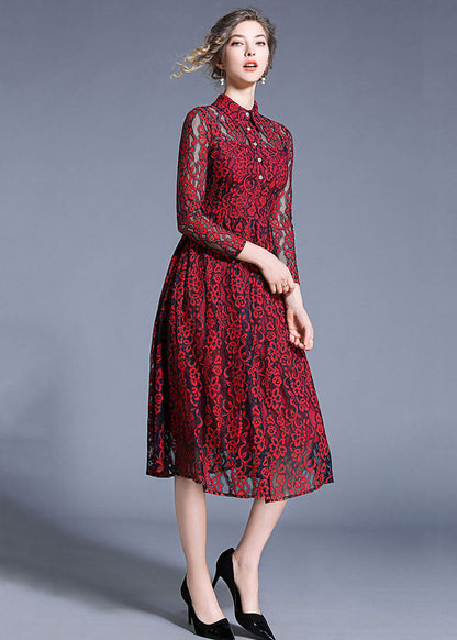 Wine Red Peter Pan Collar Hollow Out Lace Dresses Summer
