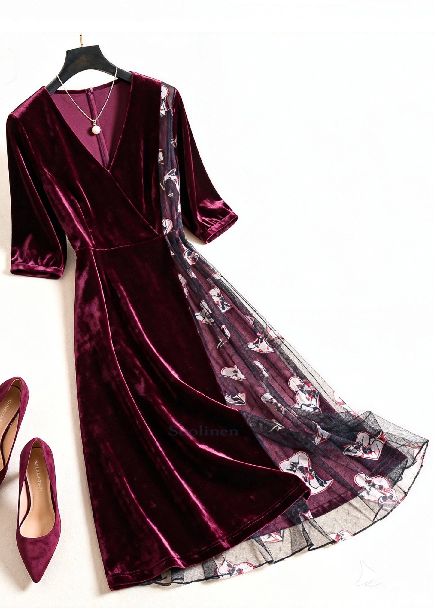 Wine Red Print Tulle Patchwork Silk Velvet Dress Summer