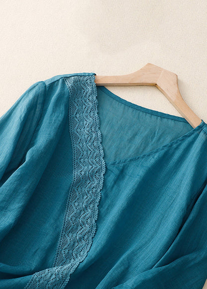 Yellow Asymmetrical Lace Patchwork Linen Shirts Summer