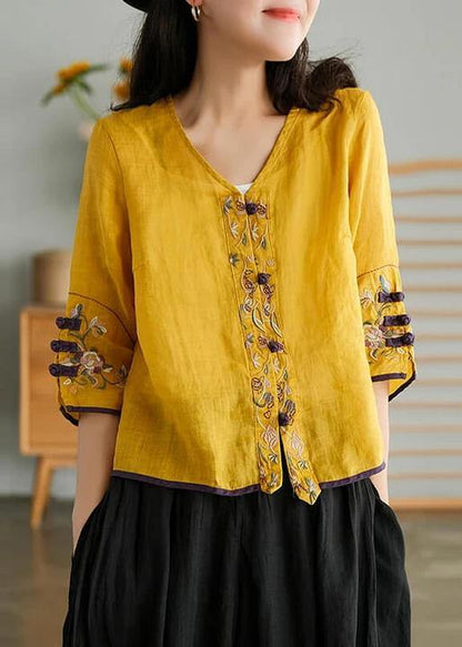 Yellow-flower1 Ramie Cardigan Embroidered Shirt