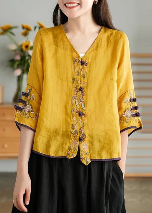 Yellow-flower1 Ramie Cardigan Embroidered Shirt