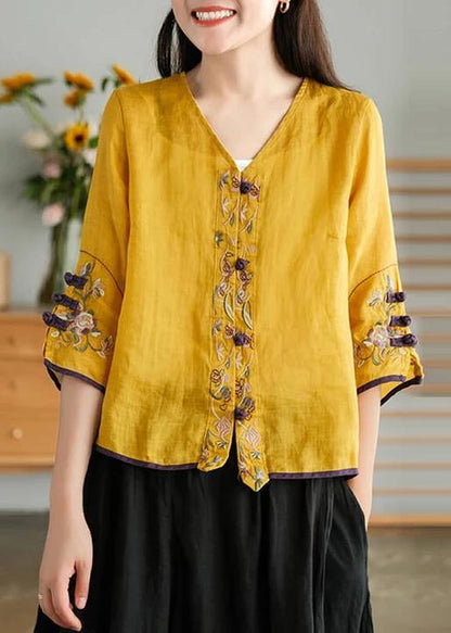 Yellow-flower1 Ramie Cardigan Embroidered Shirt