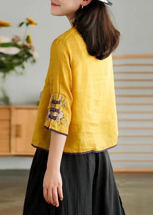 Yellow-flower2 Ramie Cardigan Embroidered Shirt