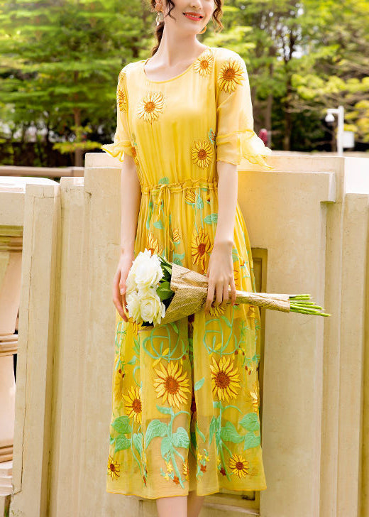 Yellow Daisy Printing Tie Waist Silk Vacation Dresses Flare Sleeve