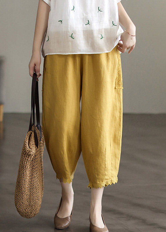 Yellow Elastic Waist Lace Patchwork Harem Pants