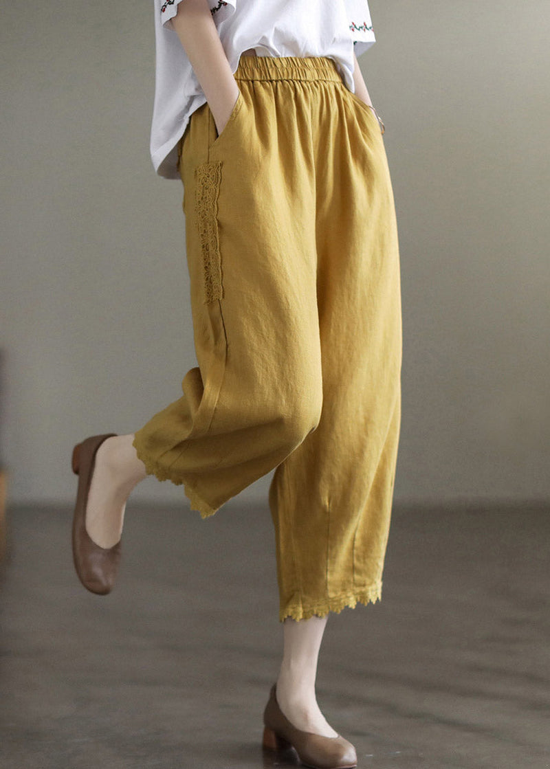 Yellow Elastic Waist Lace Patchwork Harem Pants