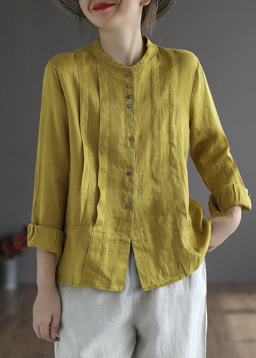 Women Yellow-floral3 Elegant Button Fall Top Long Sleeve Linen
