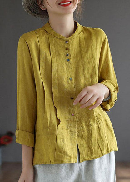 Women Yellow-striped patterns Elegant Button Fall Top Long Sleeve Linen