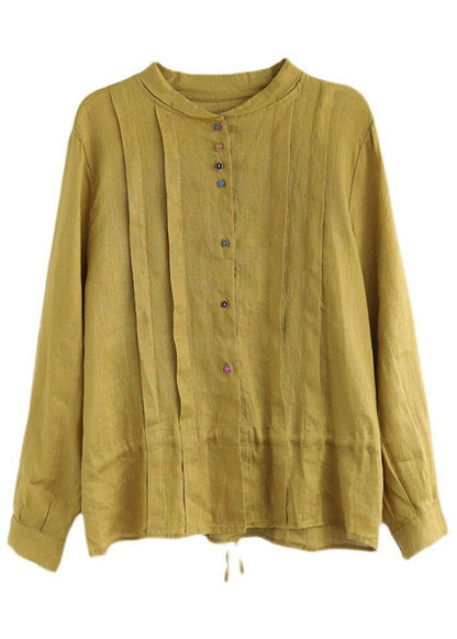 Women Yellow-floral3 Elegant Button Fall Top Long Sleeve Linen