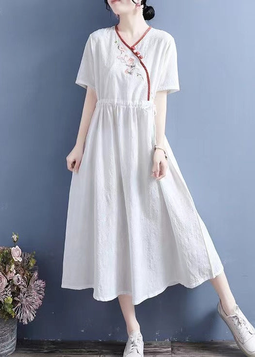 Yellow Embroidered Lace Up Linen Dresses Summer