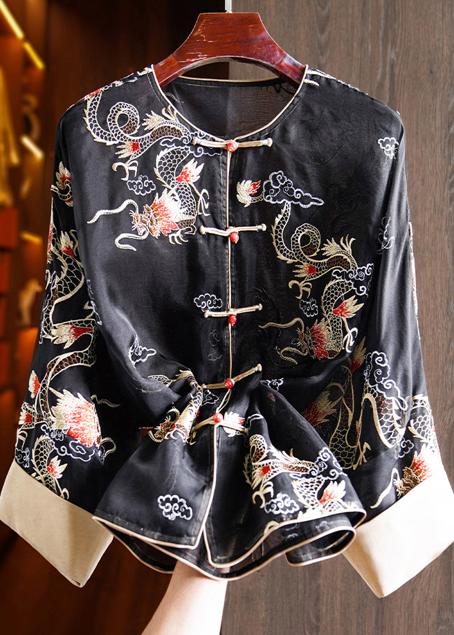 Yellow Embroidered Oriental Button Silk Organza Shirts Top Spring