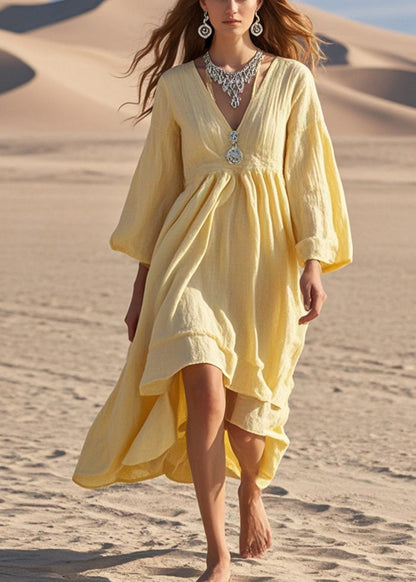 Yellow Exra Large Hem Cotton Holiday Dress Spring