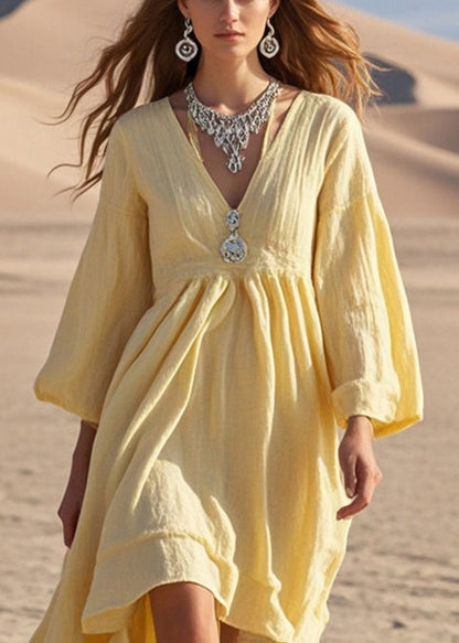 Yellow Exra Large Hem Cotton Holiday Dress Spring