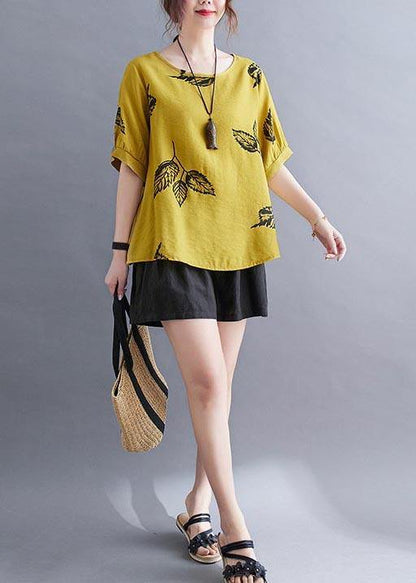 Yellow Half Sleeve Shirt Tops Summer Cotton Linen