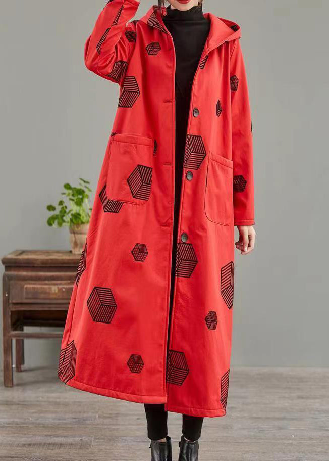 Yellow Hooded Pockets Print Warm Fleece Coat Winter