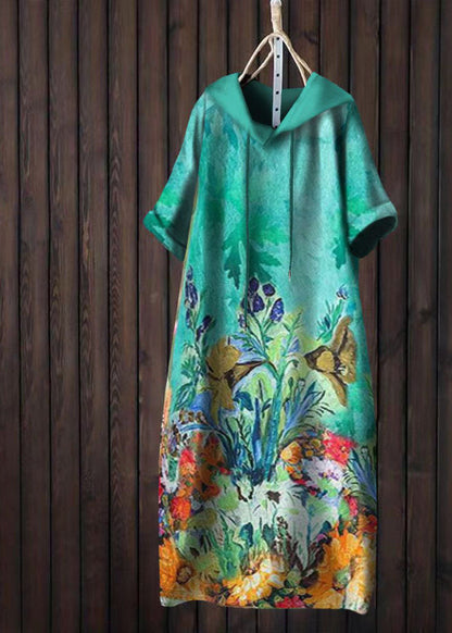 Yellow Hooded Print Patchwork Cotton T Shirt Dress Summer