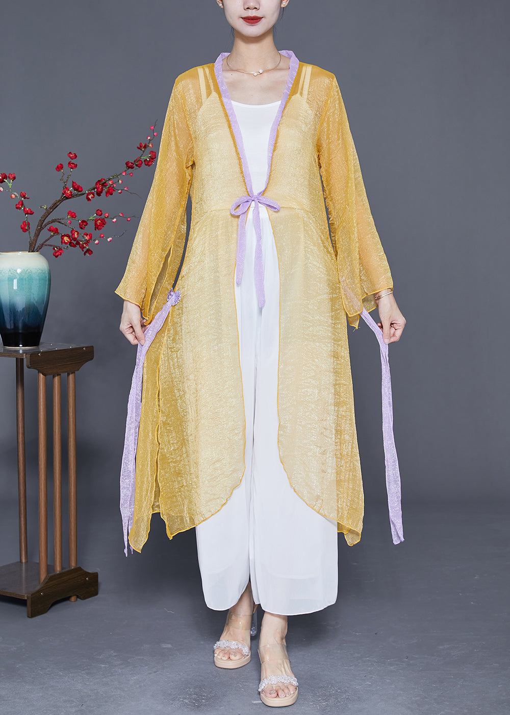 Yellow Lace Up Patchwork Chiffon Upf 50+ Cardigan Summer