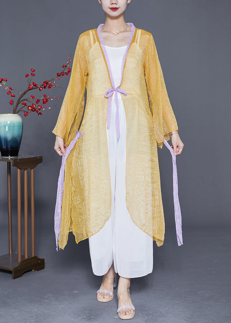 Yellow Lace Up Patchwork Chiffon Upf 50+ Cardigan Summer