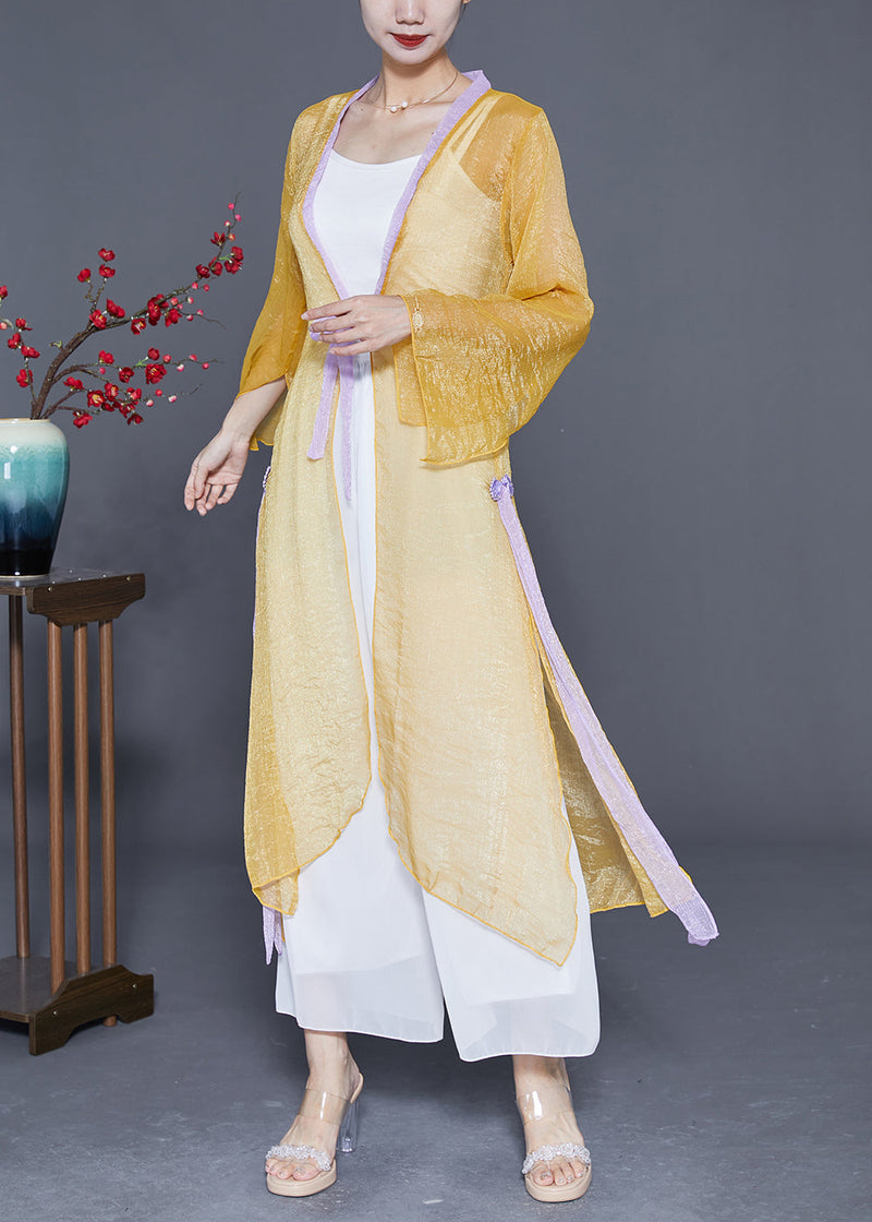 Yellow Lace Up Patchwork Chiffon Upf 50+ Cardigan Summer