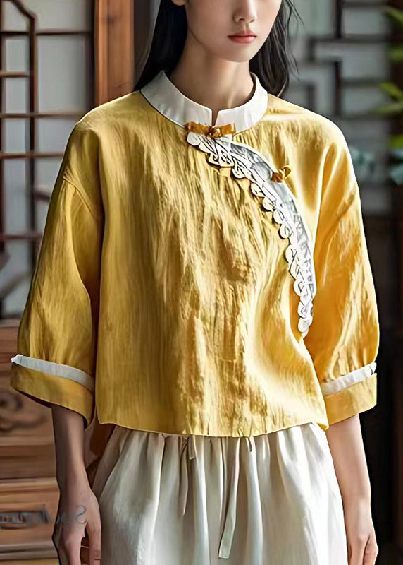 Yellow Mandarin Collar Linen Shirt Top Summer