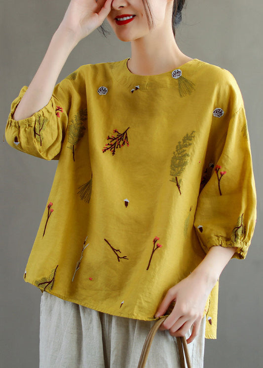 Yellow O-neck Embroideried Patchwork Linen T Shirts Summer