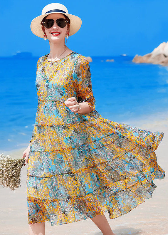 Yellow O-neck Patchwork Print Silk Holiday Dress Short Sleeve