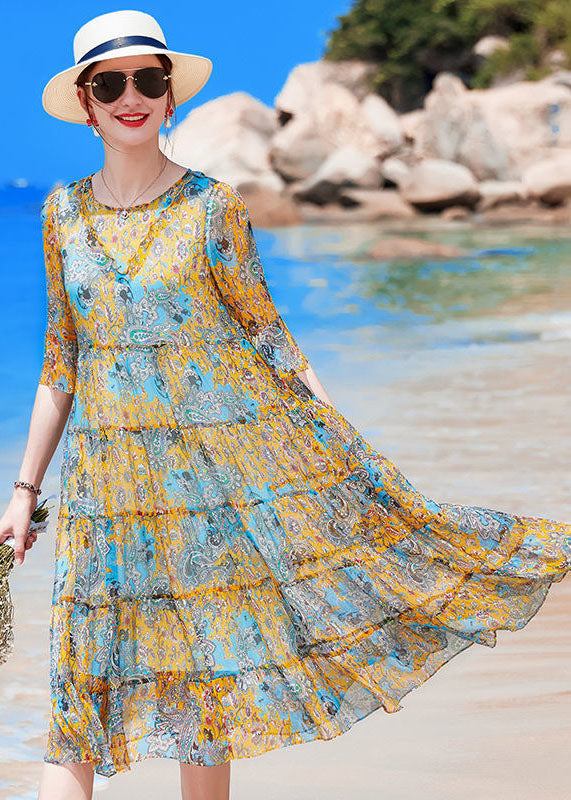 Yellow O-neck Patchwork Print Silk Holiday Dress Short Sleeve